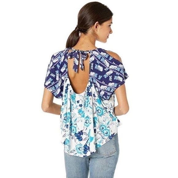 Free People Blue Floral Boho Baja Babe Open Tie Back Cold Shoulder Flowy Top XS - Picture 4 of 9